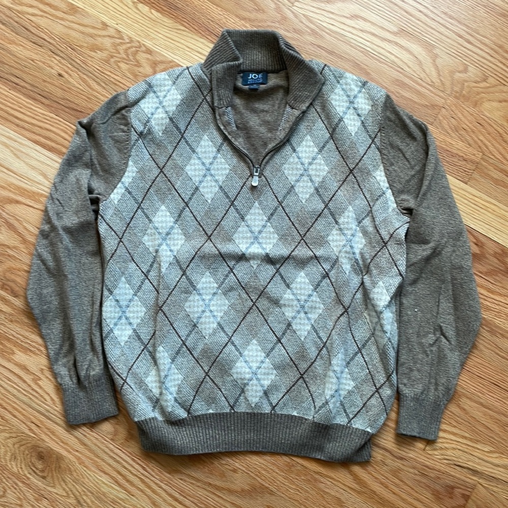 JOSEPH ABBOUD Men’s Quarter-Zip Beige Argyle Sweater M